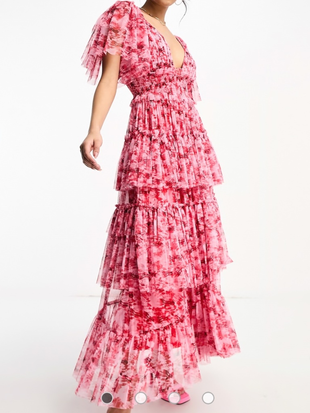 Lace and beads red maxi flutter dress